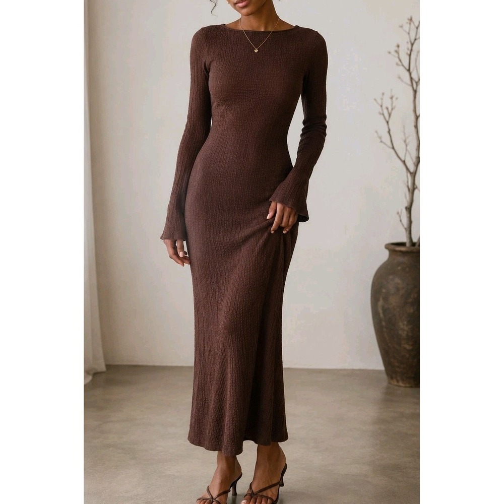 See You Monday Brown Textured Long Sleeve Maxi Dress Women's Size Small